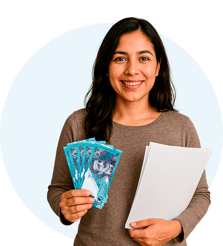 Mujer con dinero y documentos